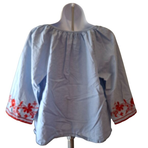 Crown & Ivy Womens Peasant Top SBlue Stripe Red Embroidery 3/4 Sleeves Boho - Picture 2 of 5